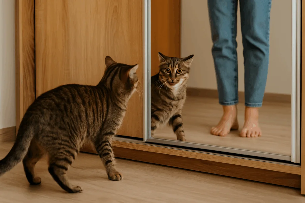Getigerte Katze steht vor einem Kleiderschrankspiegel und betrachtet ihr eigenes Spiegelbild, daneben sind FrauenfĂŒĂe in Jeans zu sehen.