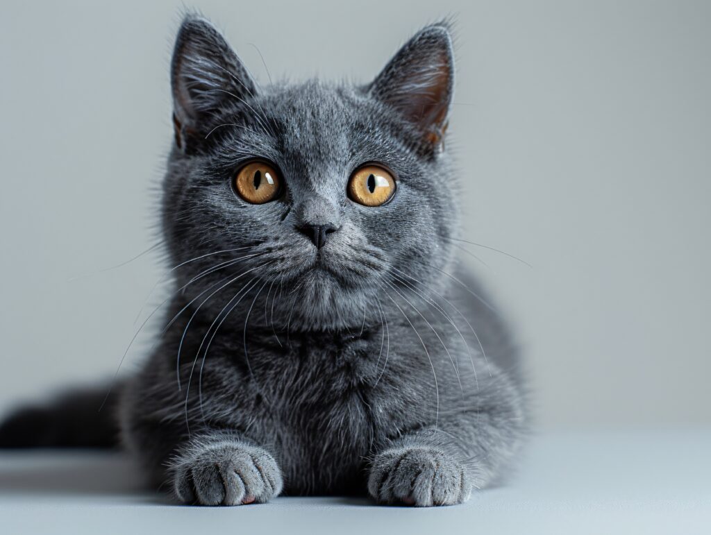 Britisch Kurzhaar Katze mit skeptischem Blick vor grauem Hintergrund
