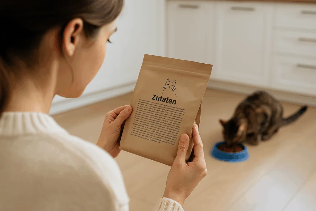 Frau betrachtet in heller Küche die Rückseite einer Trockenfuttertüte mit der Aufschrift „Zutaten“, im Hintergrund frisst eine Katze aus einem blauen Napf