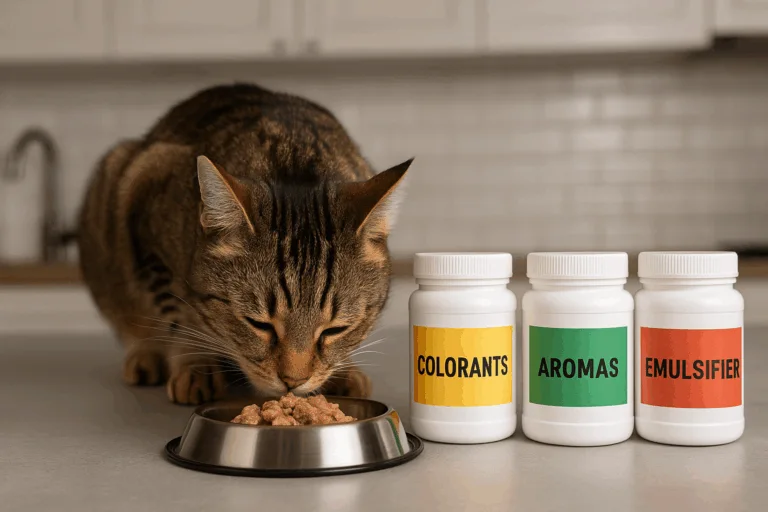 Hauskatze frisst aus einem Napf vor moderner Küchenzeile, daneben mehrere beschriftete Kunststoffdosen mit typischen Zusatzstoffen im Katzenfutter